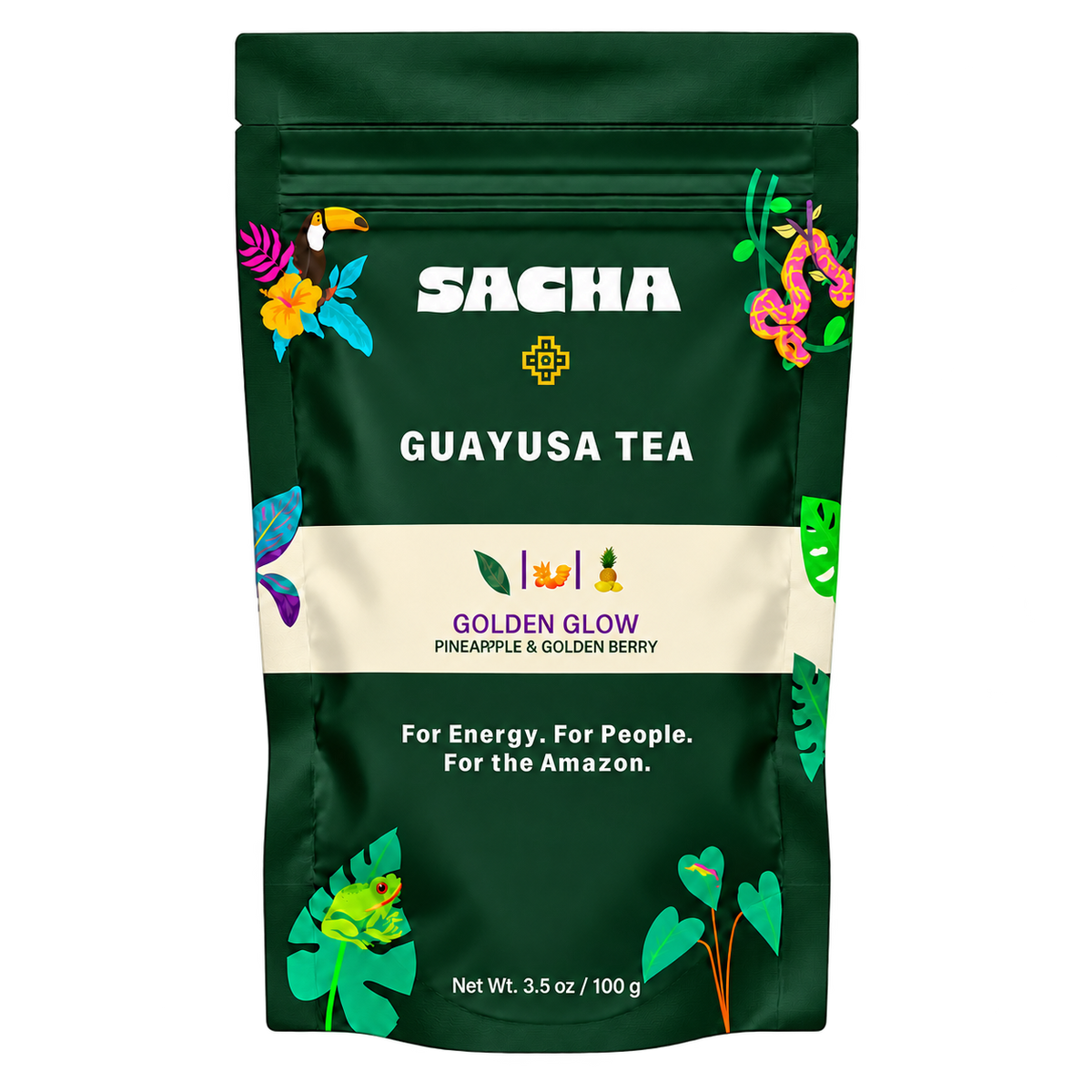 Front of Sacha Golden Glow guayusa tea pouch, 100 g