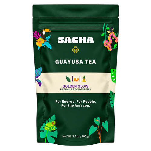 Front of Sacha Golden Glow guayusa tea pouch, 100 g