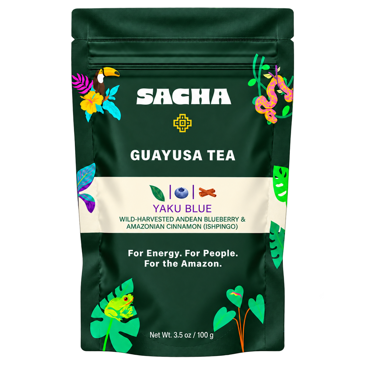 Front of Sacha Yaku Blue guayusa tea pouch, 100 g