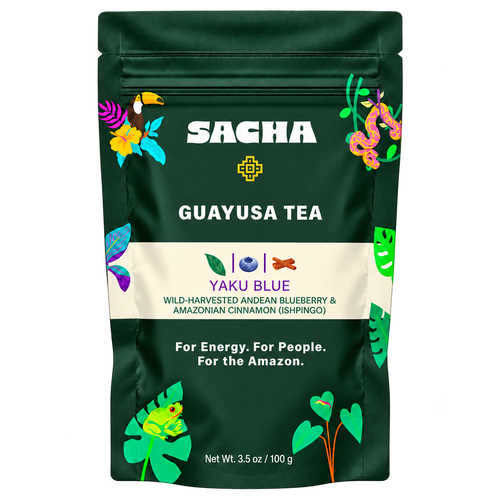 Front of Sacha Yaku Blue guayusa tea pouch, 100 g