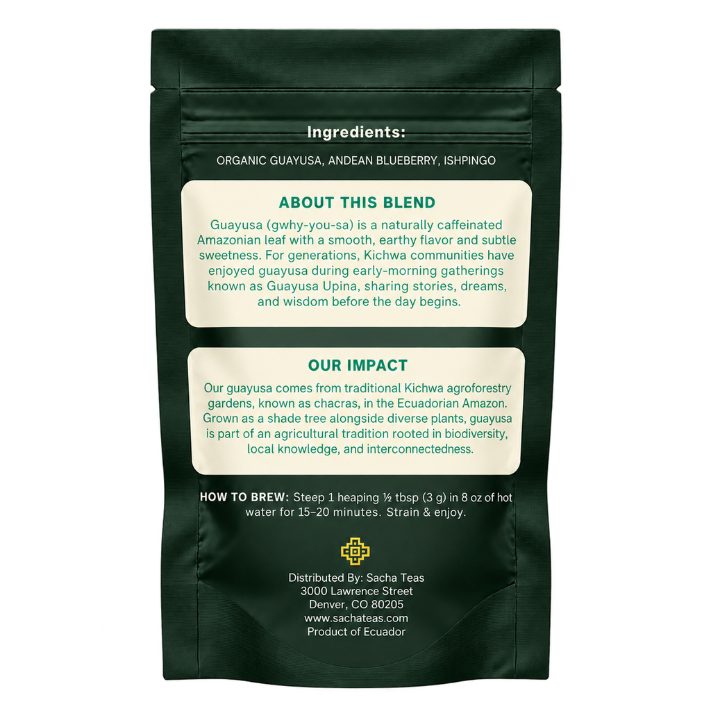 Back of Sacha Yaku Blue pouch showing ingredients and brewing instructions