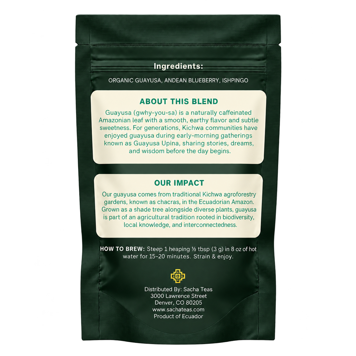 Back of Sacha Yaku Blue pouch showing ingredients and brewing instructions