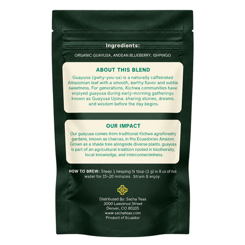 Back of Sacha Yaku Blue pouch showing ingredients and brewing instructions